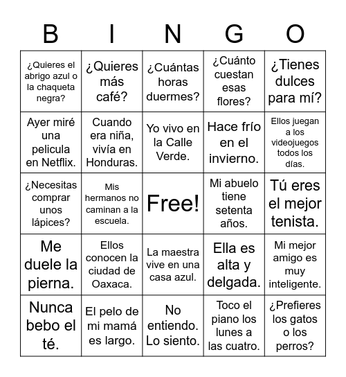 Spanish II Semester Review Bingo Card