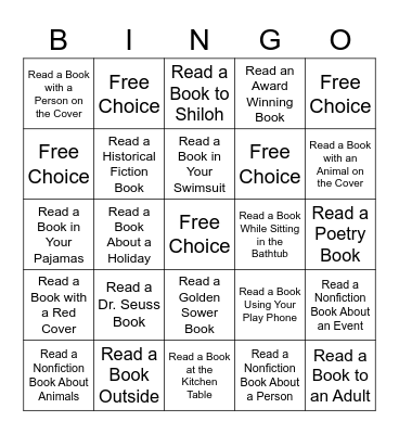 Moriah's Summer Reading Bingo Card