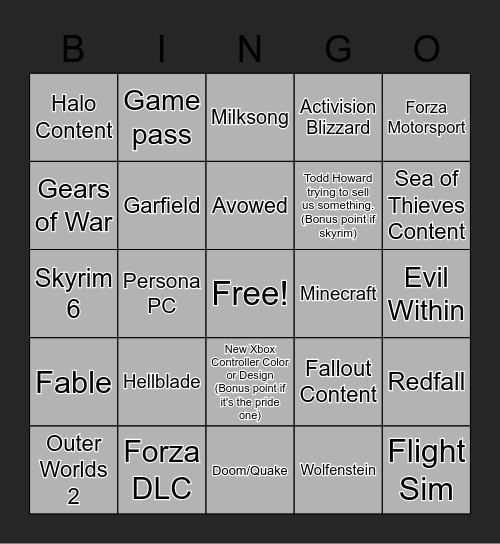 Xbox Hopium Bingo Card