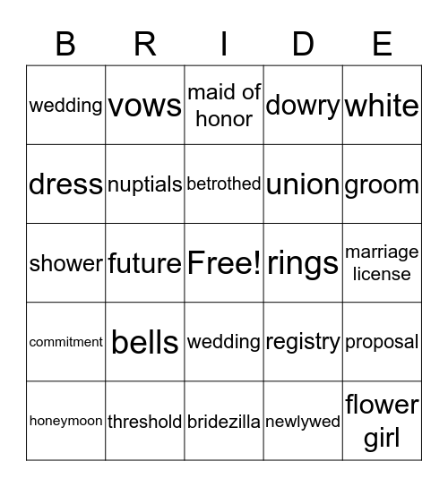 Wedding Words Bingo Card