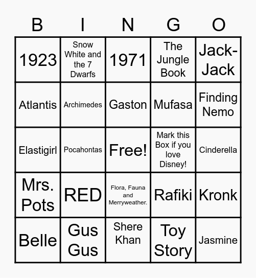 Disney Game Round 1 Bingo Card