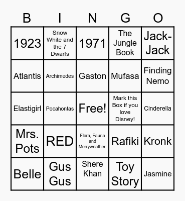 Disney Game Round 1 Bingo Card