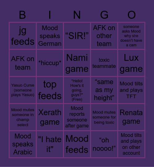 A Midnight Mood's Stream Bingo Card