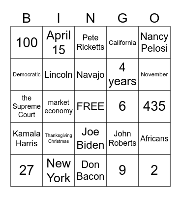 Citizenship Bingo Card