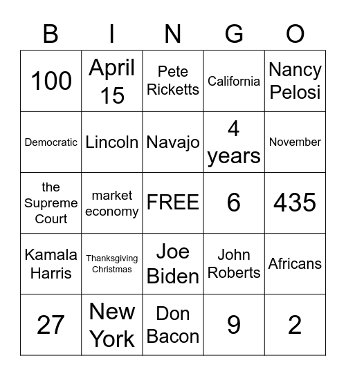 Citizenship Bingo Card