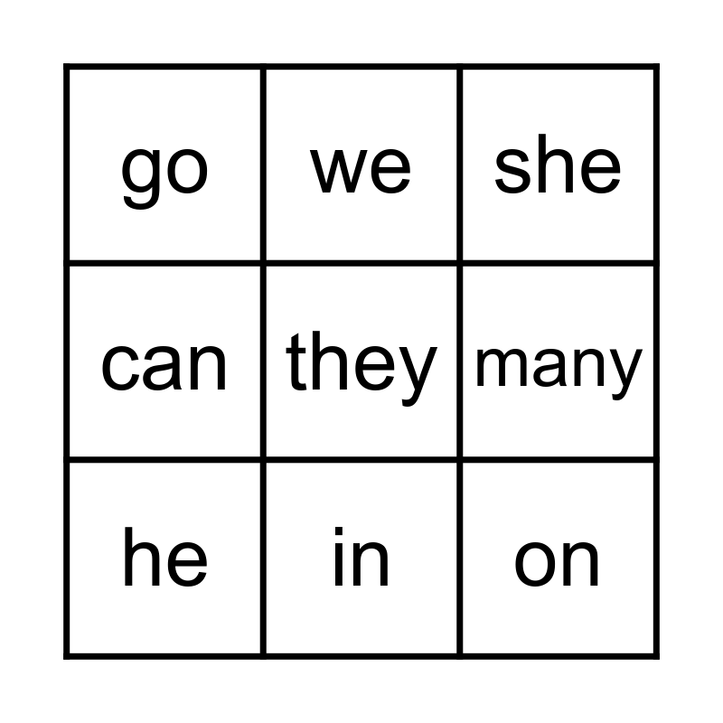 Sight Word Bingo Card