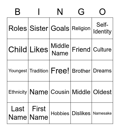 Identity Bingo Card