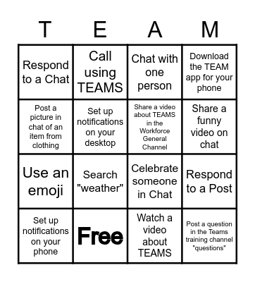 TEAMS Bingo Card