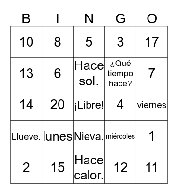 El tiempo, los números, y los días de la semana Bingo Card