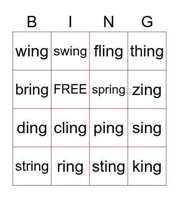 -ing Words Bingo Card