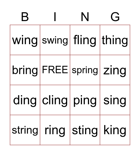 -ing Words Bingo Card