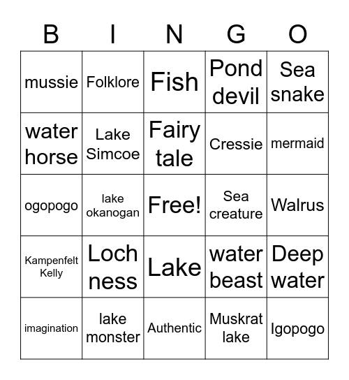 Lake/Sea Creatures Bingo Card