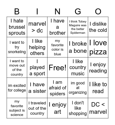 things in common Bingo Card