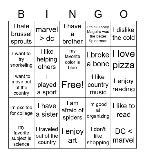 things in common Bingo Card