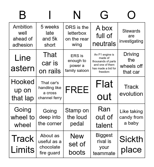 Brundle Bingo Card