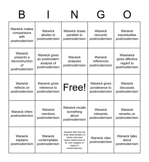 Warwick Bingo Card Bingo Card