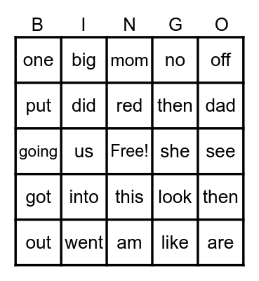 Sight Words Bingo Card