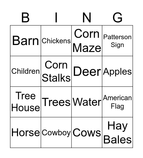 Patterson's Hayride Bingo Card