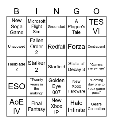 Xbox Schowcase Bingo Card