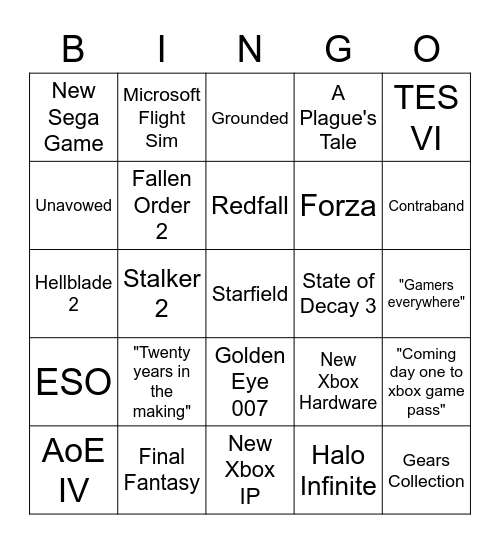 Xbox Schowcase Bingo Card