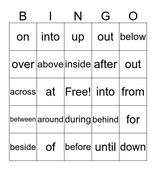 Preposition Bingo Card