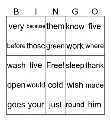 Which Words Do You Know? Bingo Card