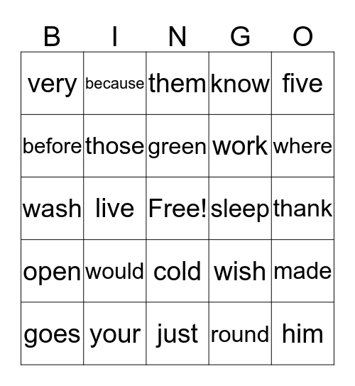 Which Words Do You Know? Bingo Card