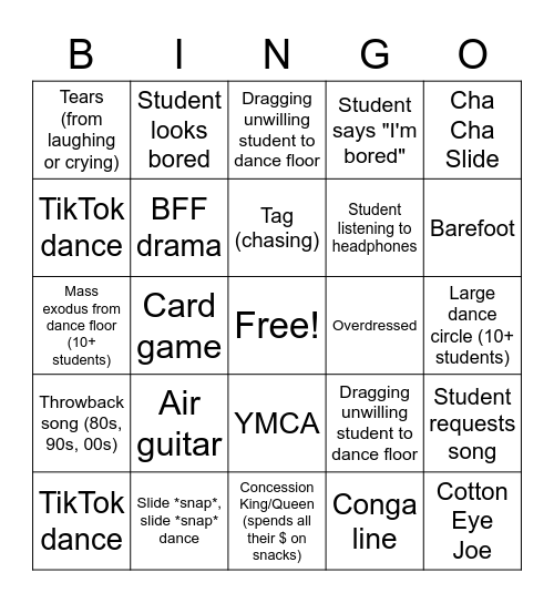 Middle School Dance Chaperone Bingo Card