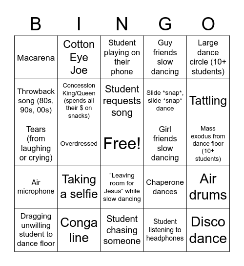 Middle School Dance Chaperone Bingo Card