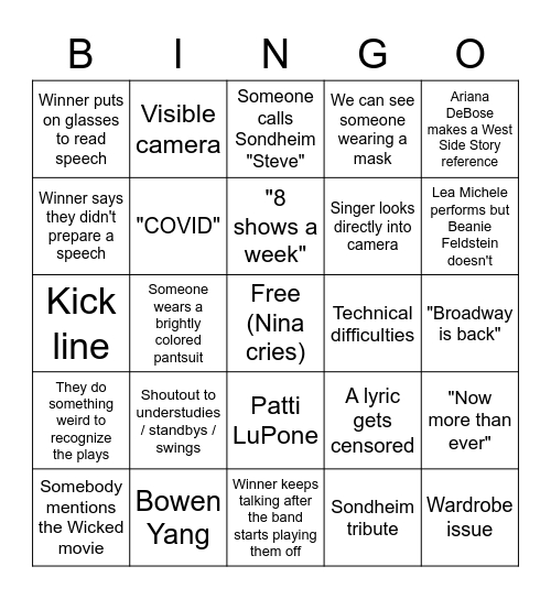 The 75th Annual Tony Awards Bingo Card