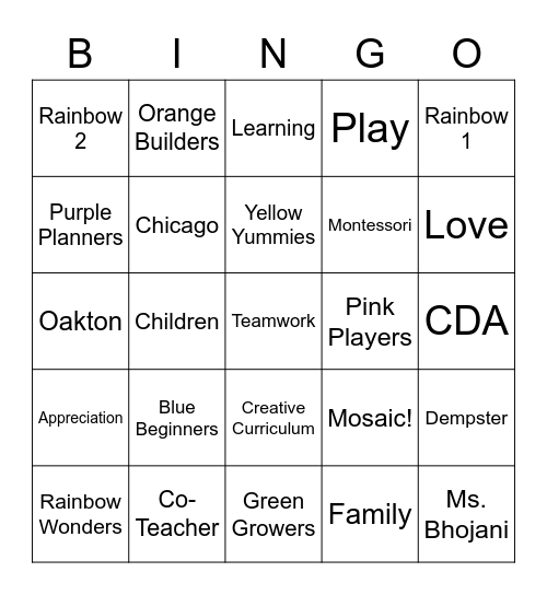 Teacher's Appreciation Bingo Card