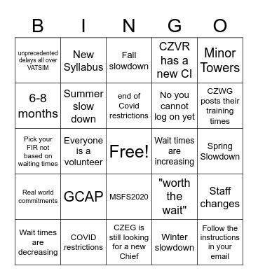 VATCAN Training Bingo Card