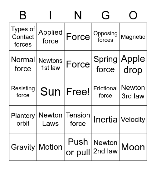 Force and motion Bingo Card