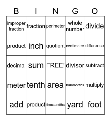 MATH LANGUAGE Bingo Card