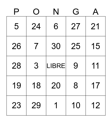 Numeros 0-31 Bingo Card