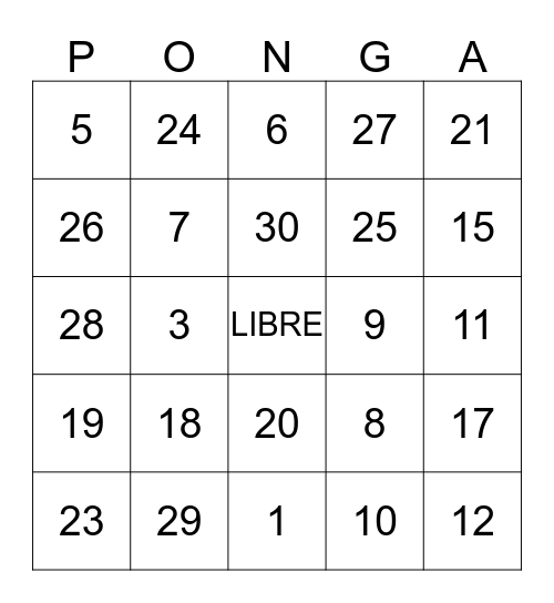 Numeros 0-31 Bingo Card