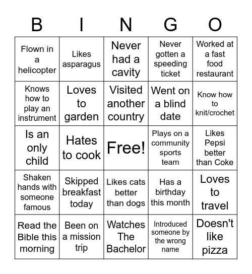 CYA MINGLE Bingo Card