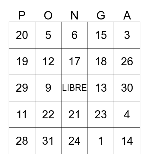Numeros 0-31 Bingo Card