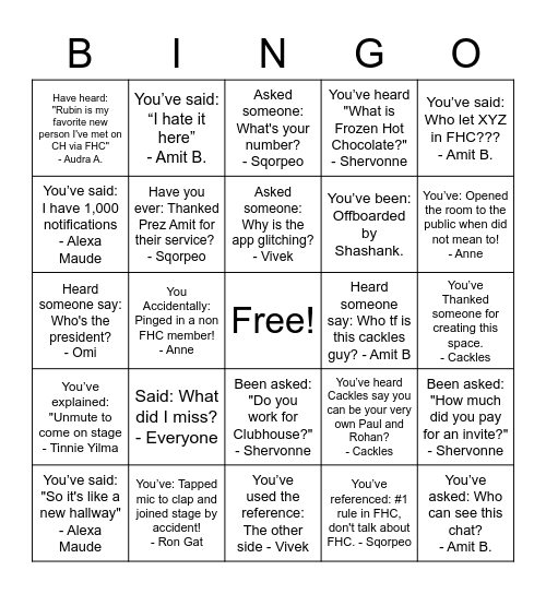 Frozen Hot Chocolate Bingo Card