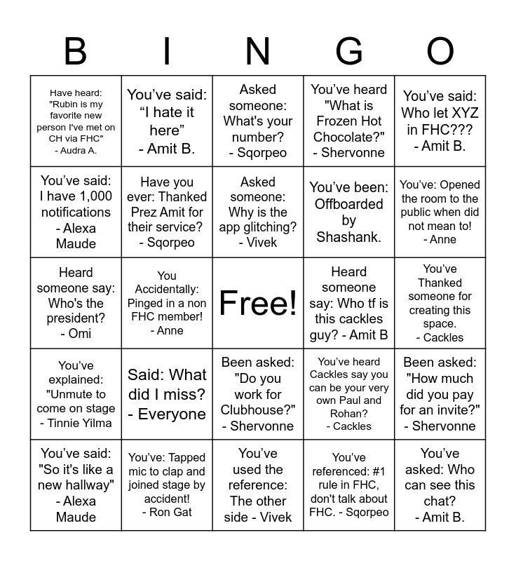 Frozen Hot Chocolate Bingo Card