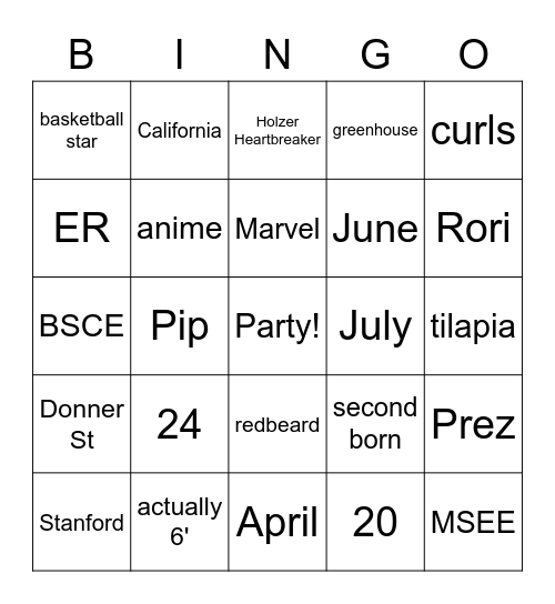 Millman Family Party Bingo Card