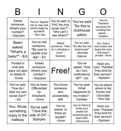 Frozen Hot Chocolate Bingo Card