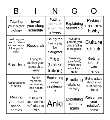 Med School Summer Break Bingo Card
