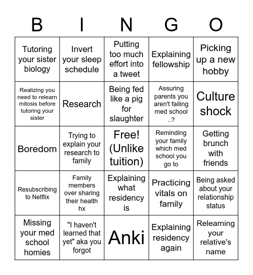 Med School Summer Break Bingo Card