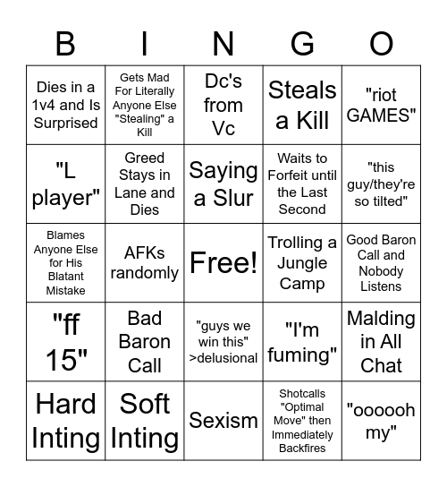 Aaron's League Shenanigans Bingo Card