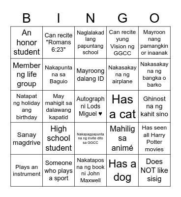 Youth Service Bingo Card