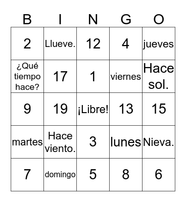 El tiempo, los números, y los días de la semana Bingo Card