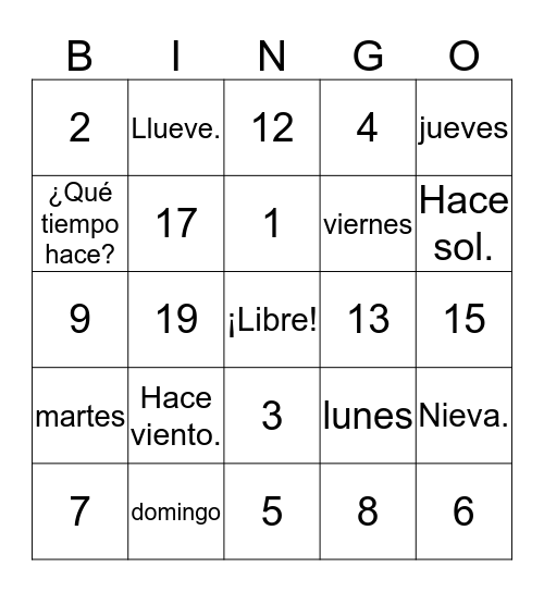 El tiempo, los números, y los días de la semana Bingo Card