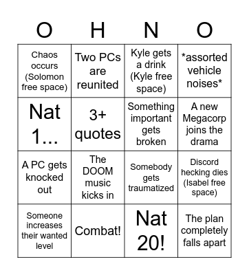 Backburner Episode 2: On the Run Bingo Card