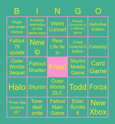 Microsoft/Bethesda Showcase Bingo Card